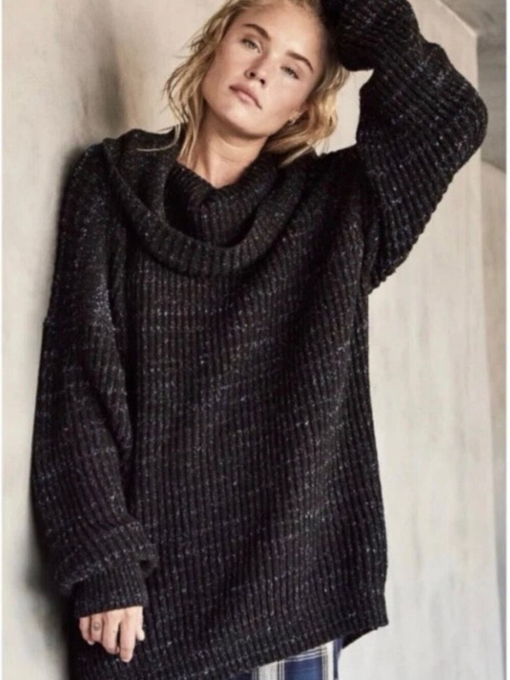 Free People Leo Tunic Chunky Knit Sweater Black Oversized Cowl Neck Size Large